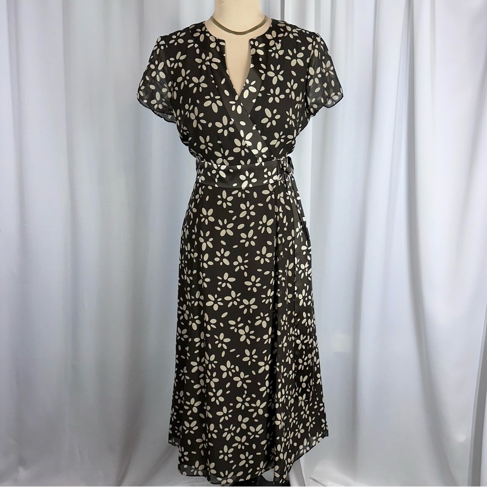Talbots Vintage Pure Silk Midi Dress Sz 6 Brown Tan Faux Wrap‎ Bow Detail EUC